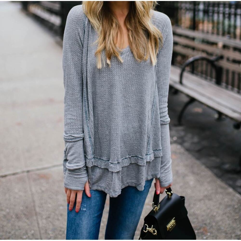 Free People We the Free Laguna Waffle Thermal Long Sleeve Top Small Gray Casual - Picture 11 of 12